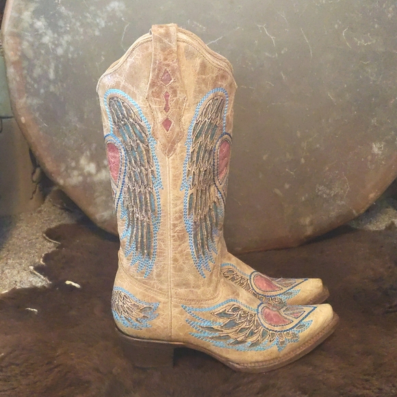 CORRAL A1976 distressed tan winged hearts & peace cowgirl western boots sz 6.5 - Picture 10 of 16